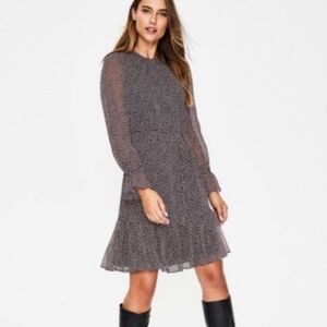 Boden Libby Chiffon Pink Black Floral Drop Waist Long Sleeve Split Neck Dress 2R